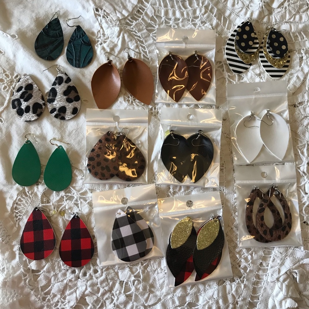 Earrings (13 pair, mostly faux leather)